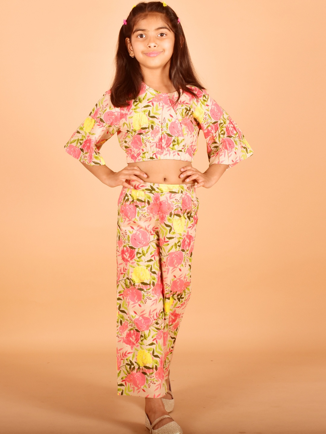 

misbis Girls Printed Pure Cotton Top With Trousers, Yellow