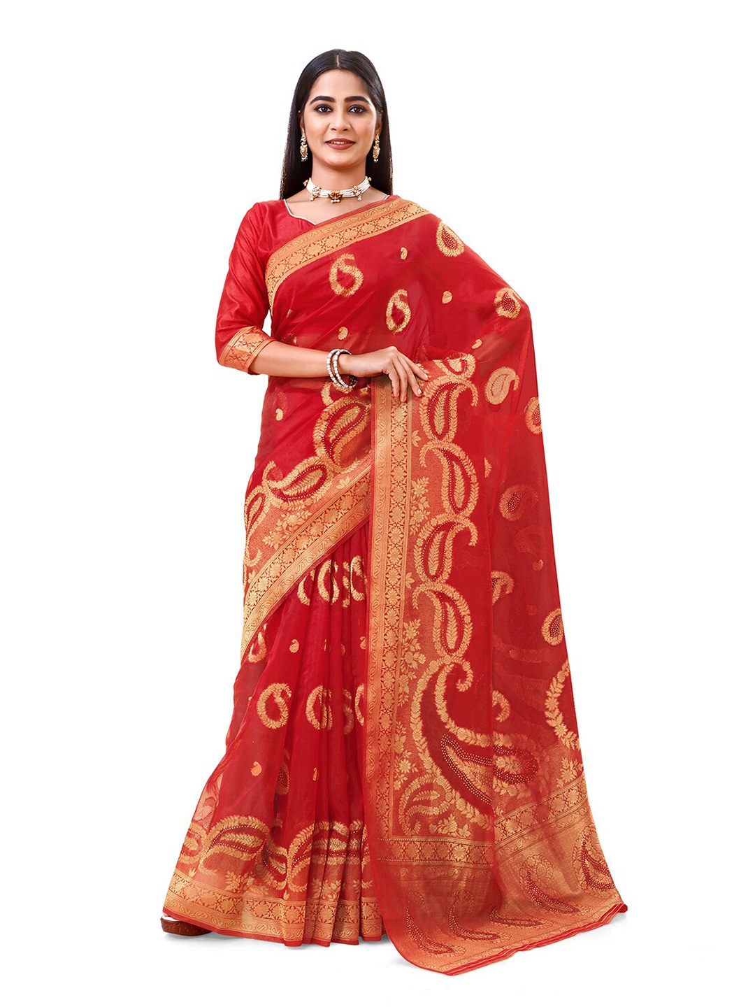 

elora Woven Design Zari Organza Banarasi Saree, Red