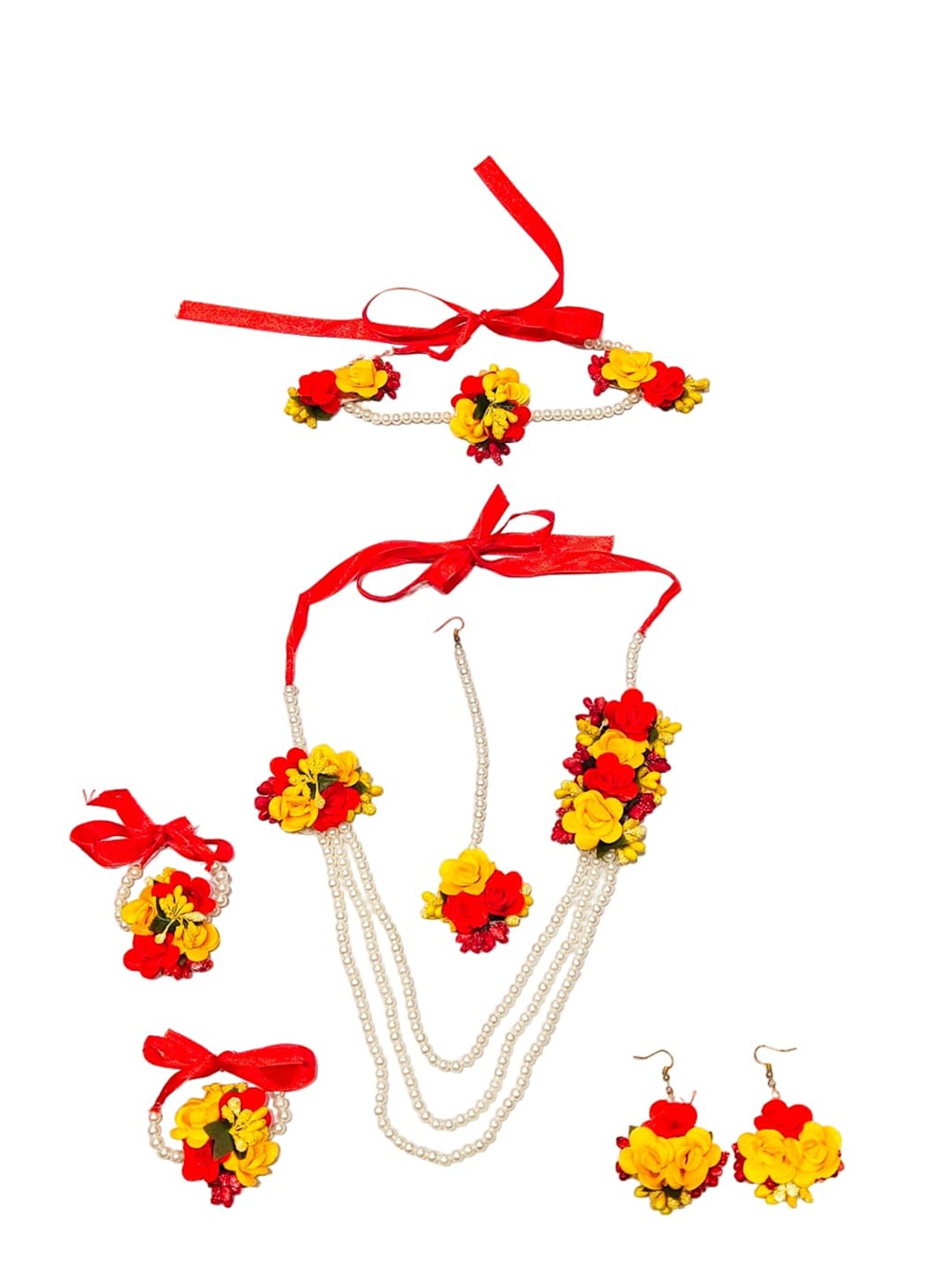 

FEMMIBELLA Set of 5 Artificial-Studded & Beaded Floral Jewellery Set, Red