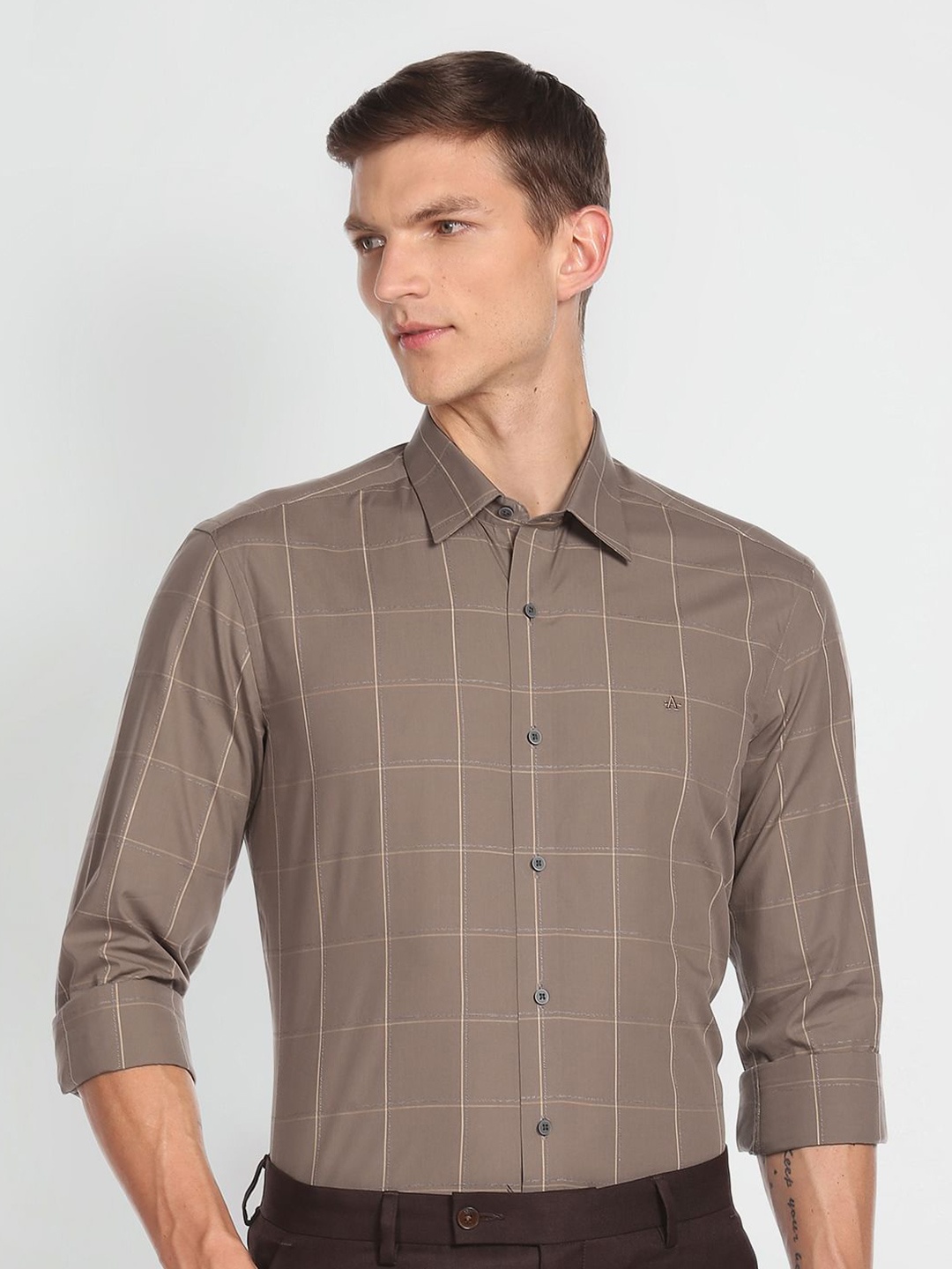 

Arrow New York Slim Fit Windowpane Checked Pure Cotton Formal Shirt, Brown