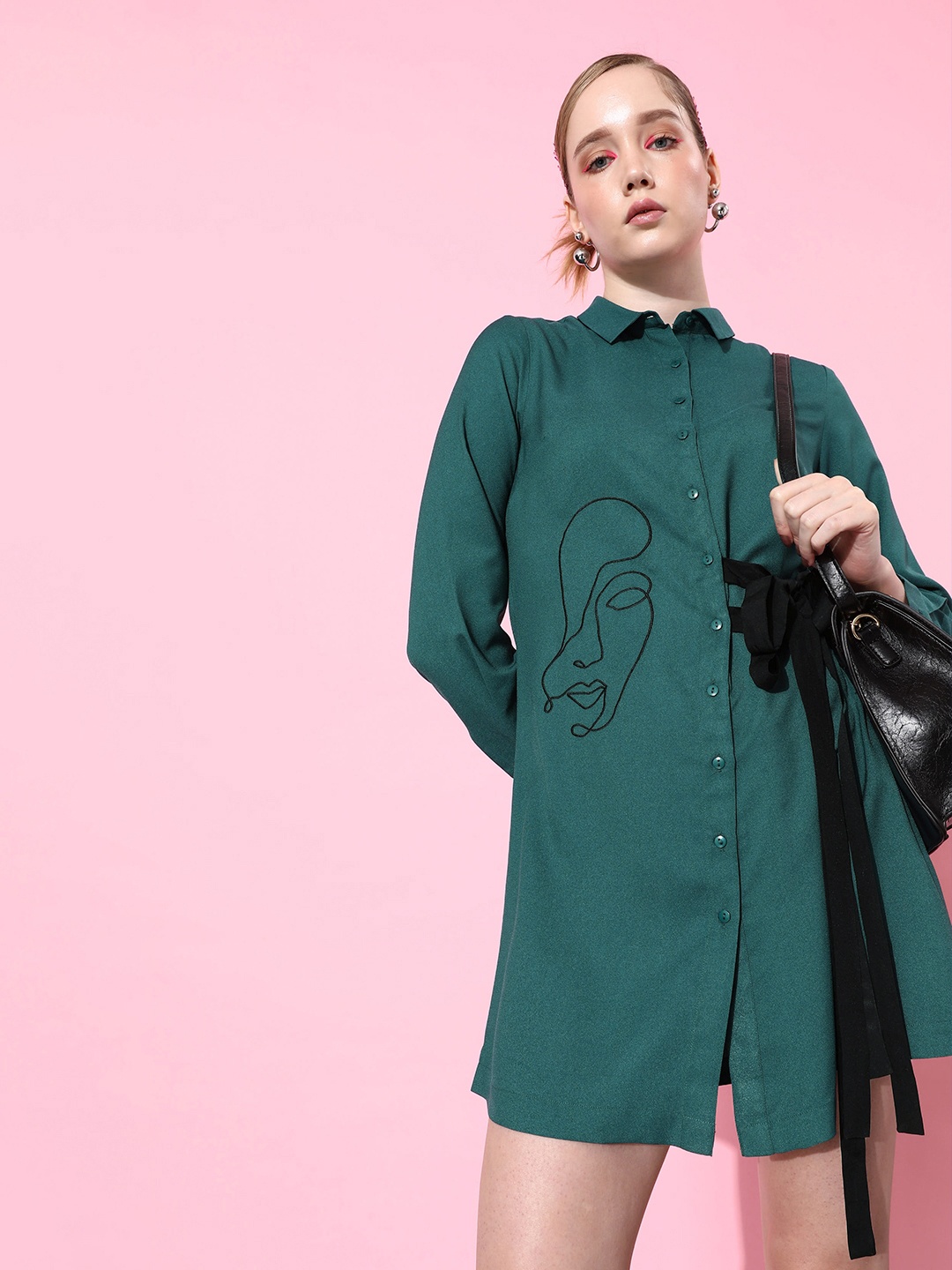 

QUIERO Print Crepe Shirt Mini Dress, Teal