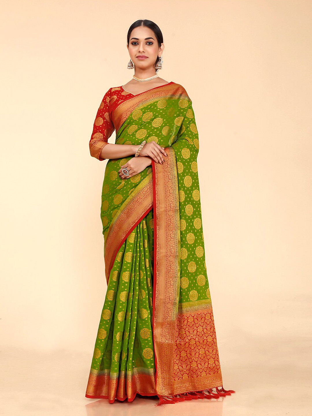 

elora Ethinic Motif Woven Design Zari Banarasi Saree, Green