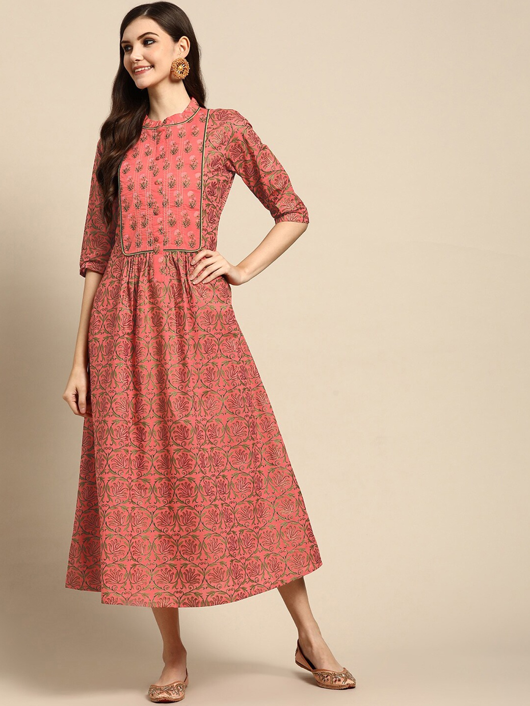 

Gerua By Libas Ethnic Motifs Printed Fit and Flare Midi Dress, Peach