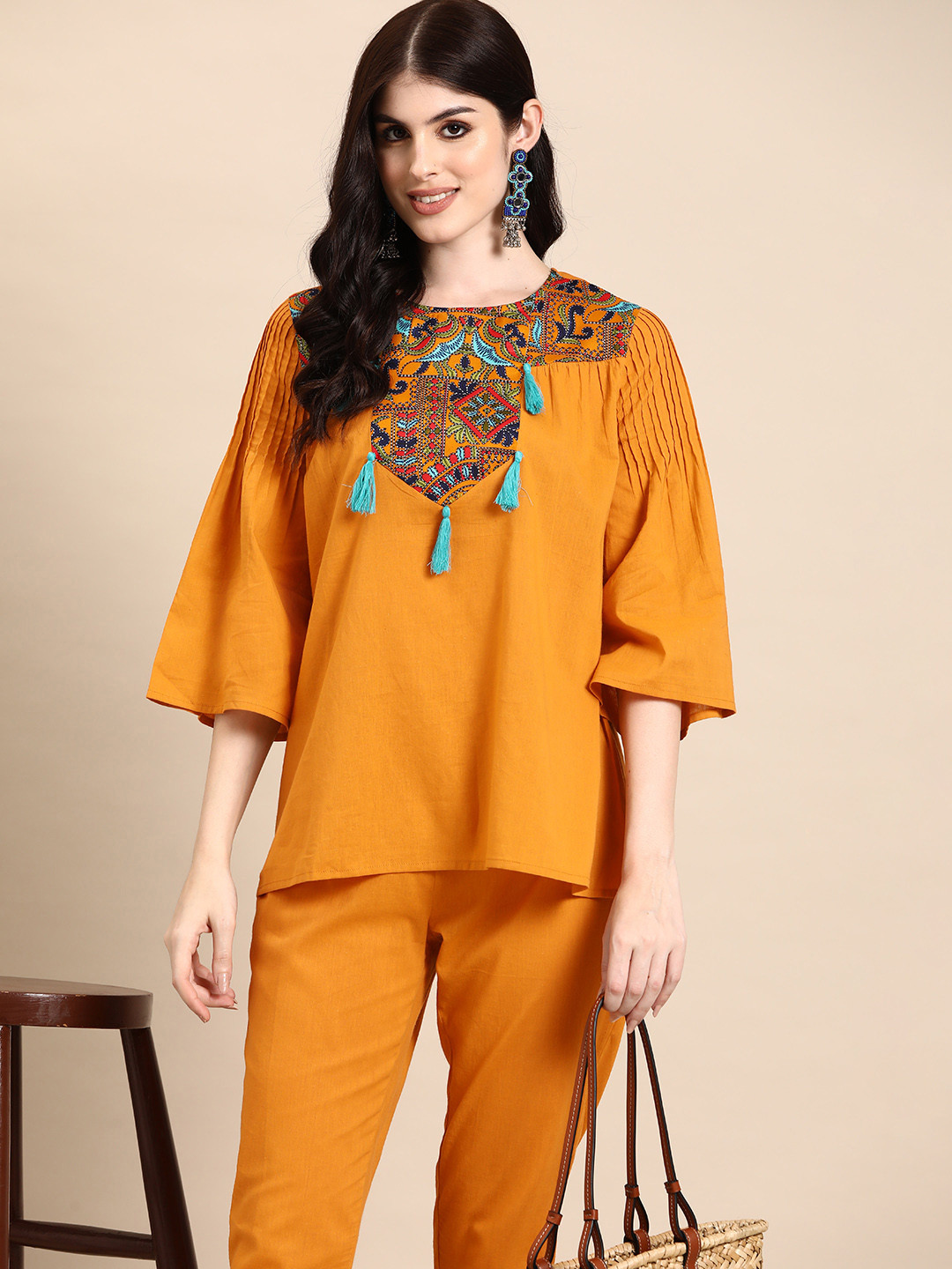 

Sangria Yoke Design Pleated Pure Cotton Kurti with Trousers, Rust