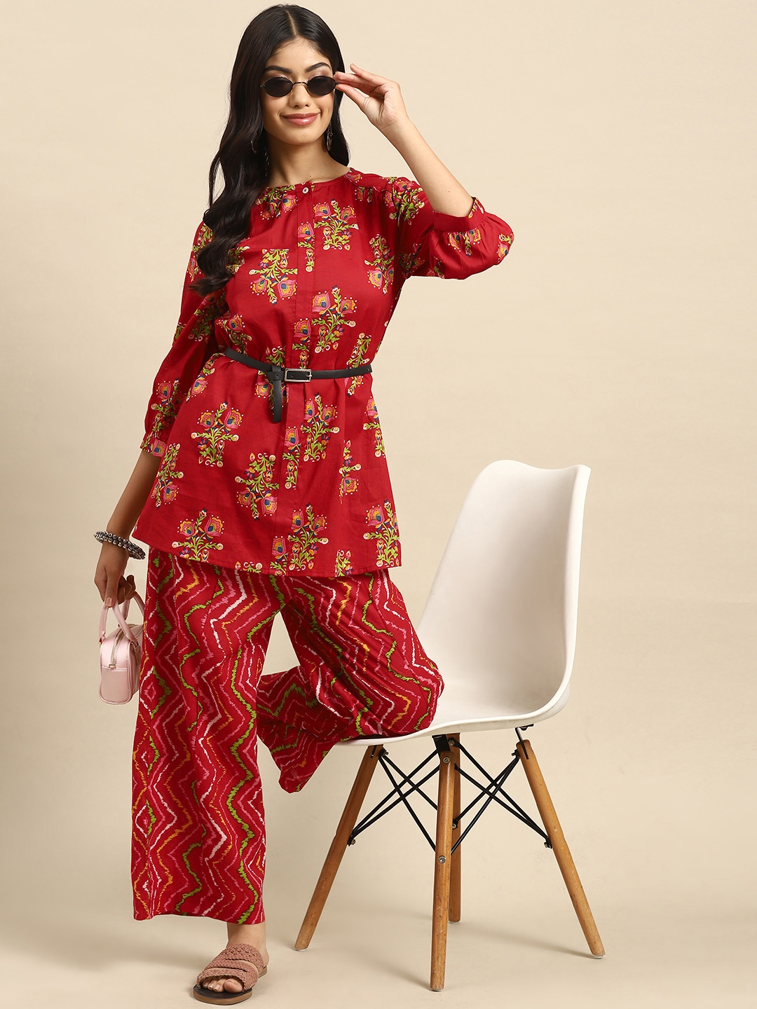 

Sangria Ethnic Motifs Printed Pure Cotton Kurti with Trousers, Red