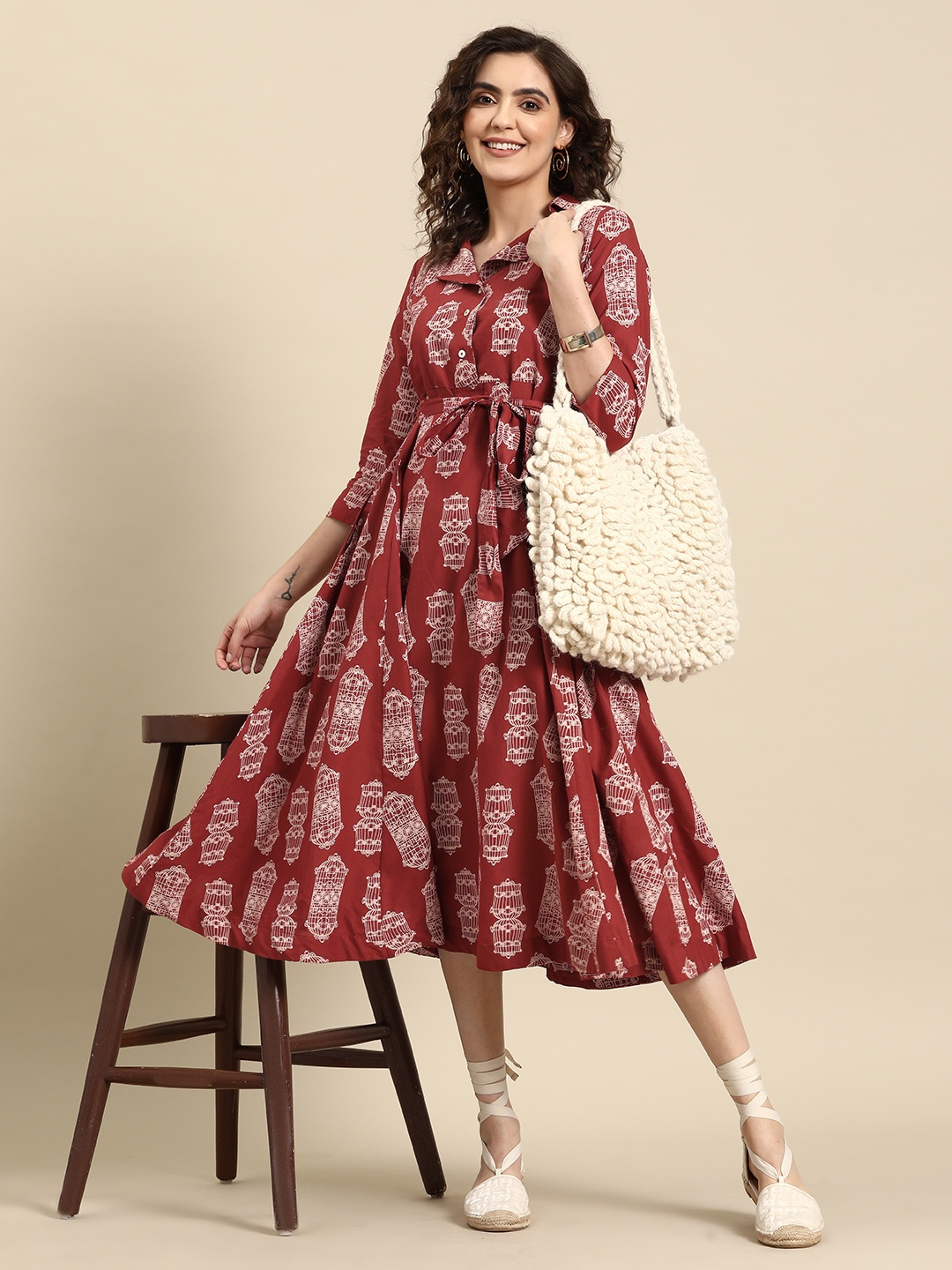 

Sangria Printed Notched Lapel Collar Pure Cotton Ethnic Dress with Belt, Rust