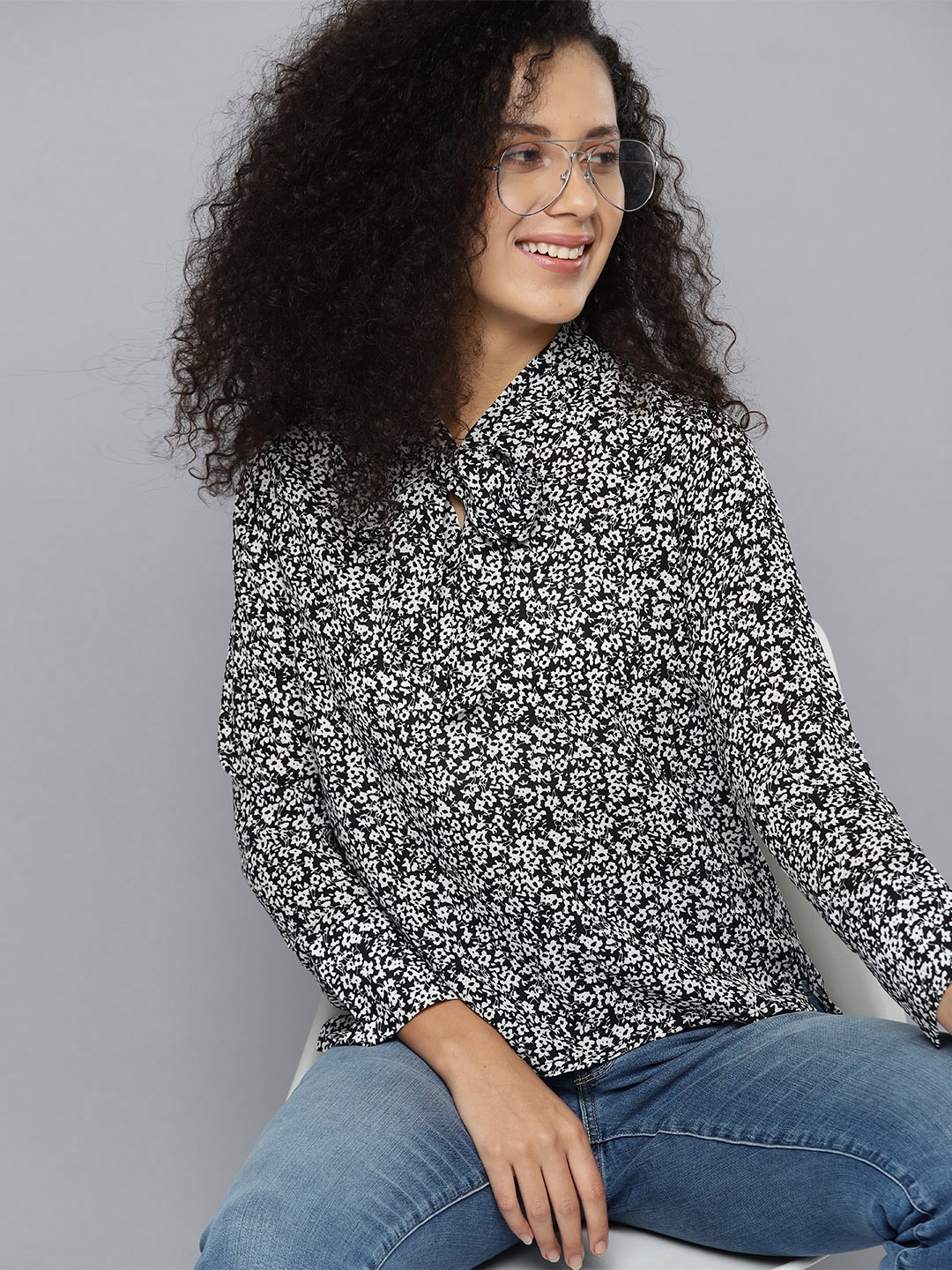 

Mast & Harbour Floral Print Tie-Up Neck Top, Black