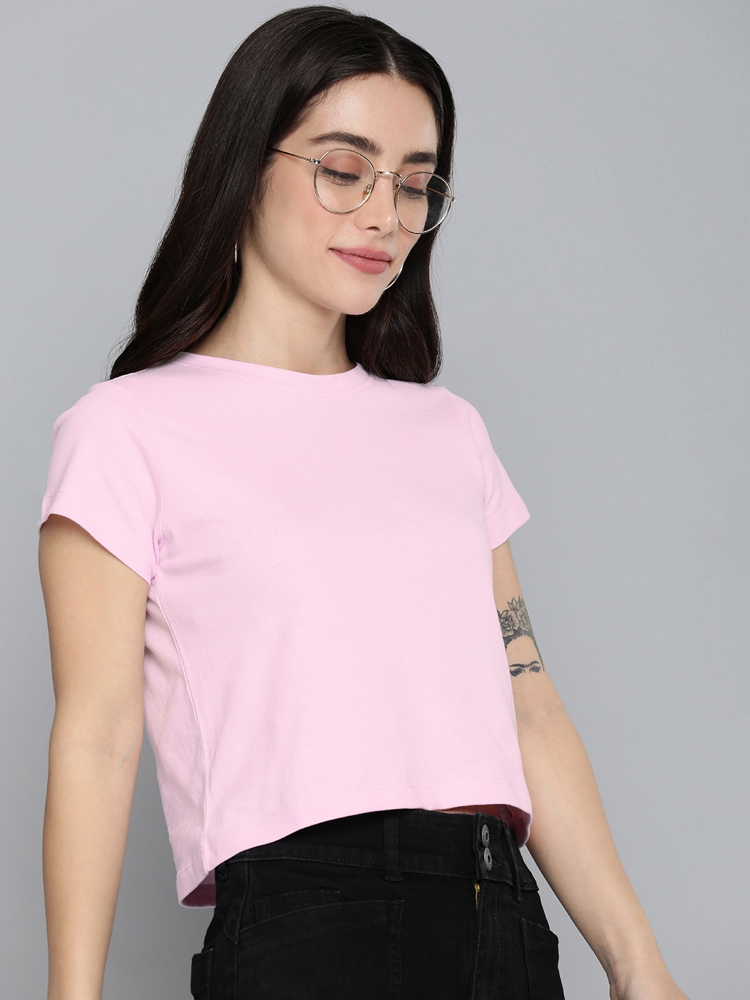 

Mast & Harbour Women Pure Cotton Solid Crop T-shirt, Pink