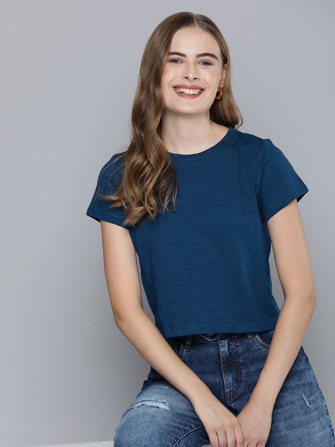 

Mast & Harbour Round Neck Pure Cotton T-shirt, Blue