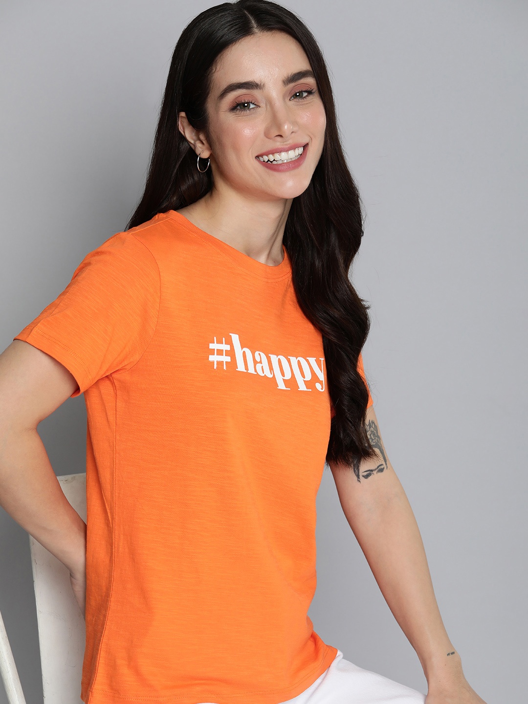 

Mast & Harbour Typography Print Knitted Pure Cotton T-shirt, Orange