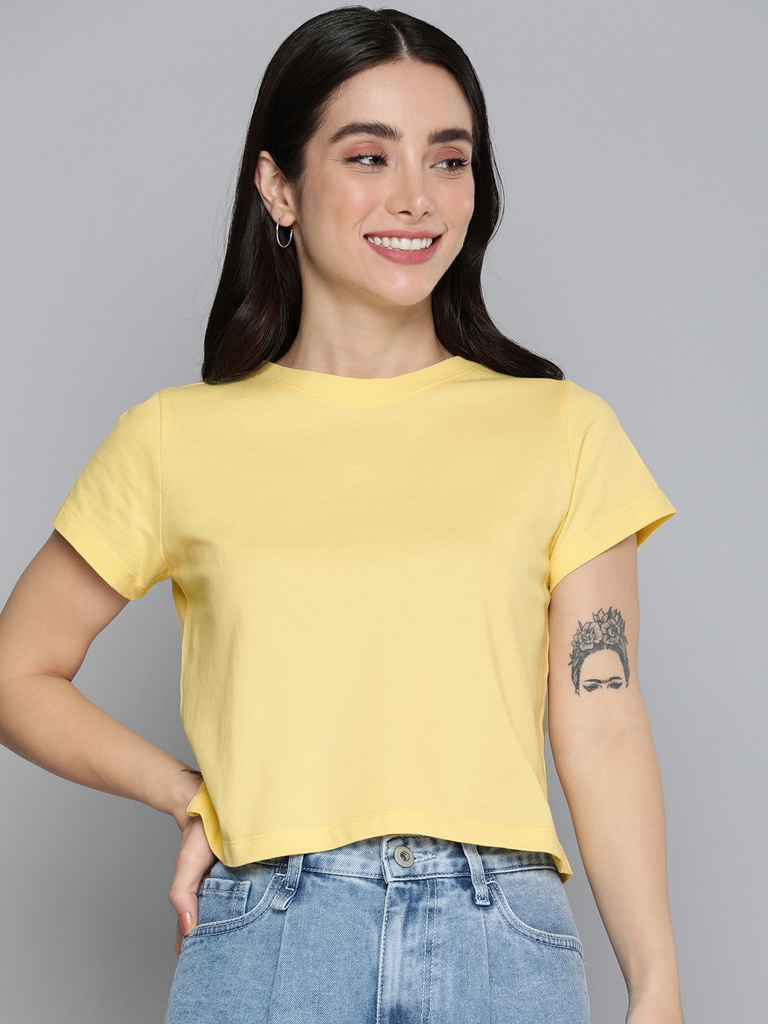 

Mast & Harbour Solid Round Neck Pique Knitted Pure Cotton Crop T-shirt, Yellow