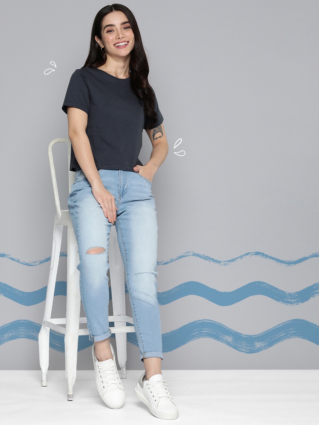 

Mast & Harbour Solid Round Neck Knitted Indigo Pure Cotton Crop T-shirt, Navy blue
