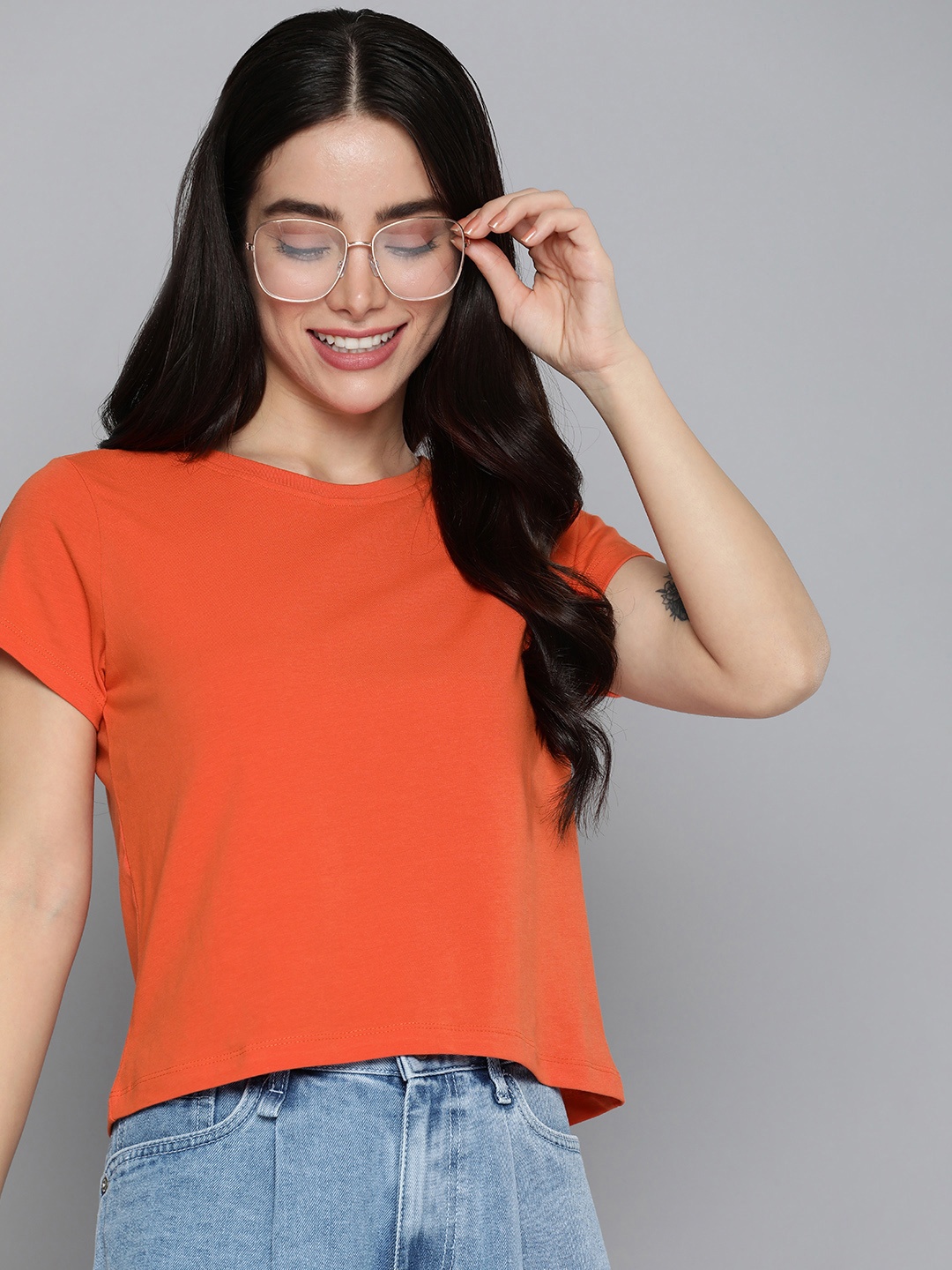 

Mast & Harbour Solid Round Neck Knitted Crop T-shirt, Orange