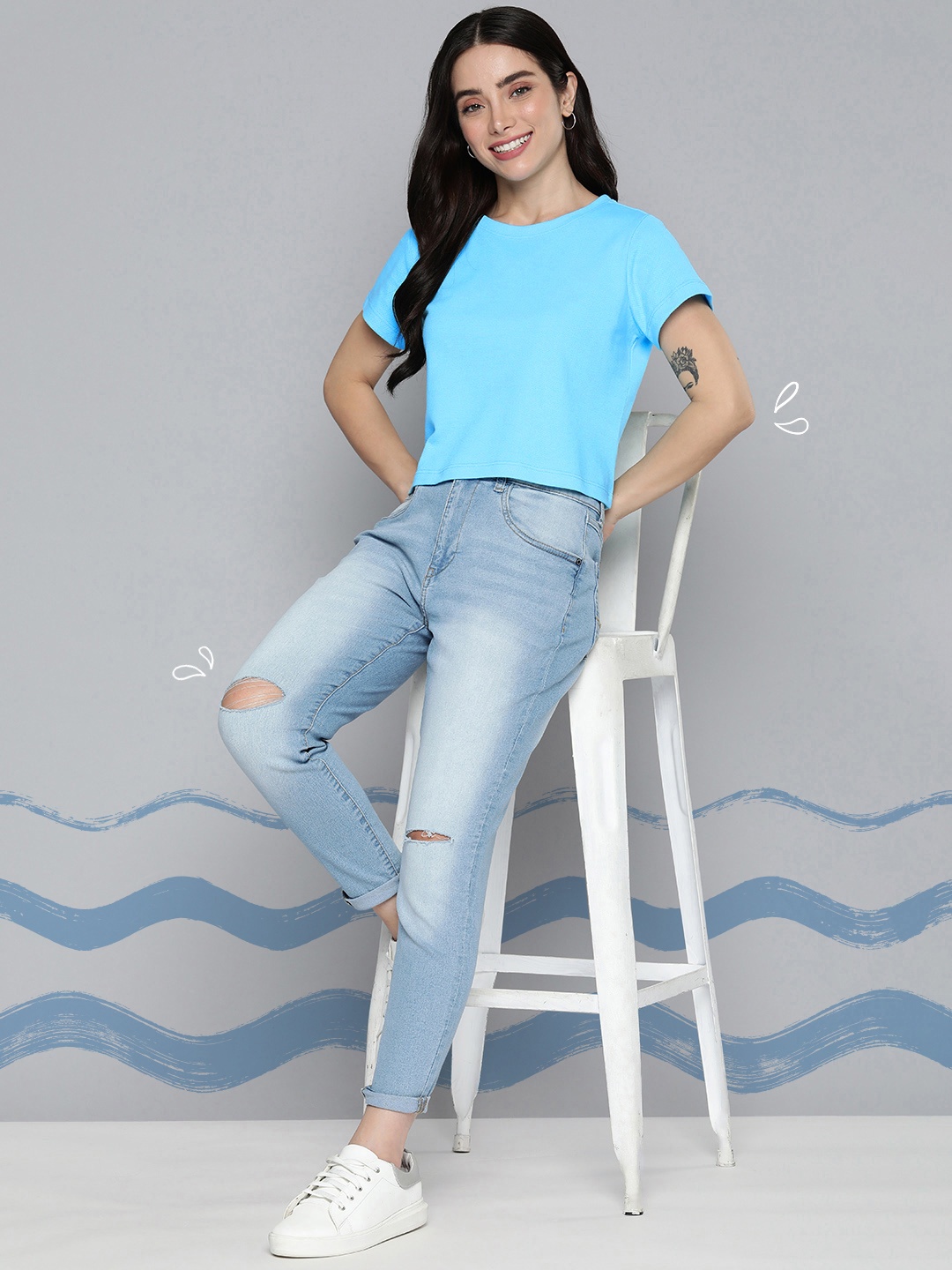 

Mast & Harbour Solid Round Neck Pique Knitted Indigo Pure Cotton Crop T-shirt, Blue