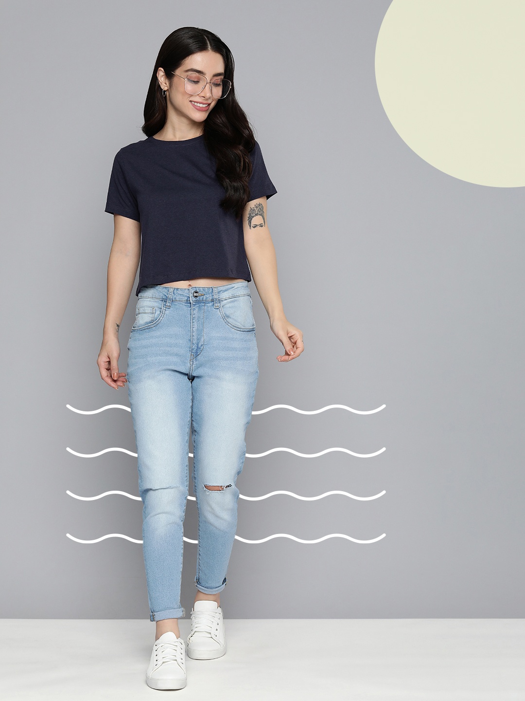 

Mast & Harbour Solid Round Neck Knitted Indigo Crop T-shirt, Navy blue