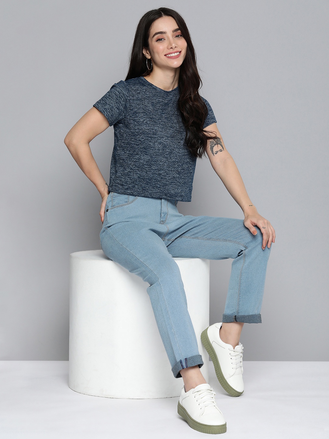

Mast & Harbour Women Self Design Round Neck T-shirt, Navy blue