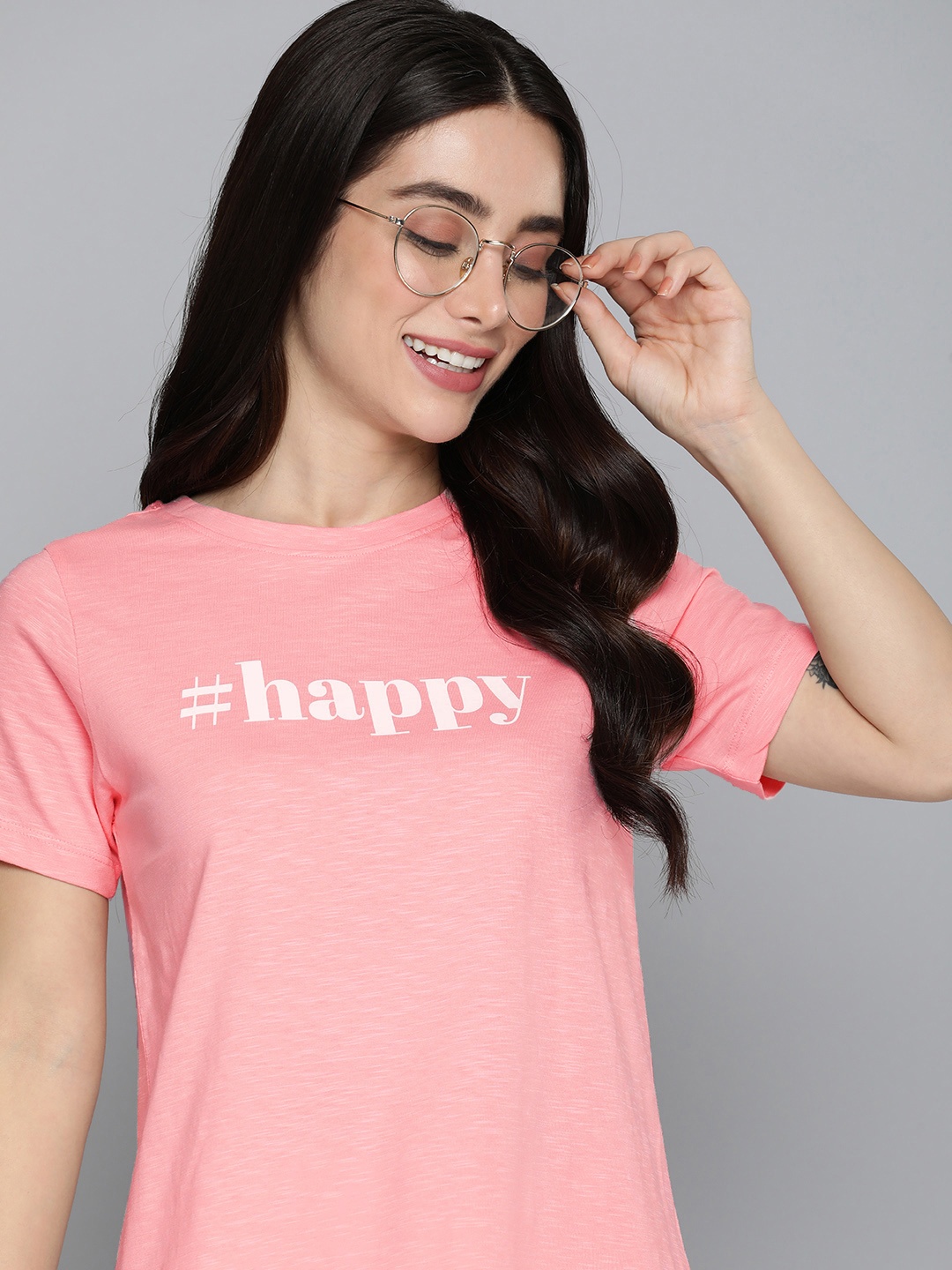 

Mast & Harbour Typography Print Round Neck Knitted Pure Cotton T-shirt, Pink