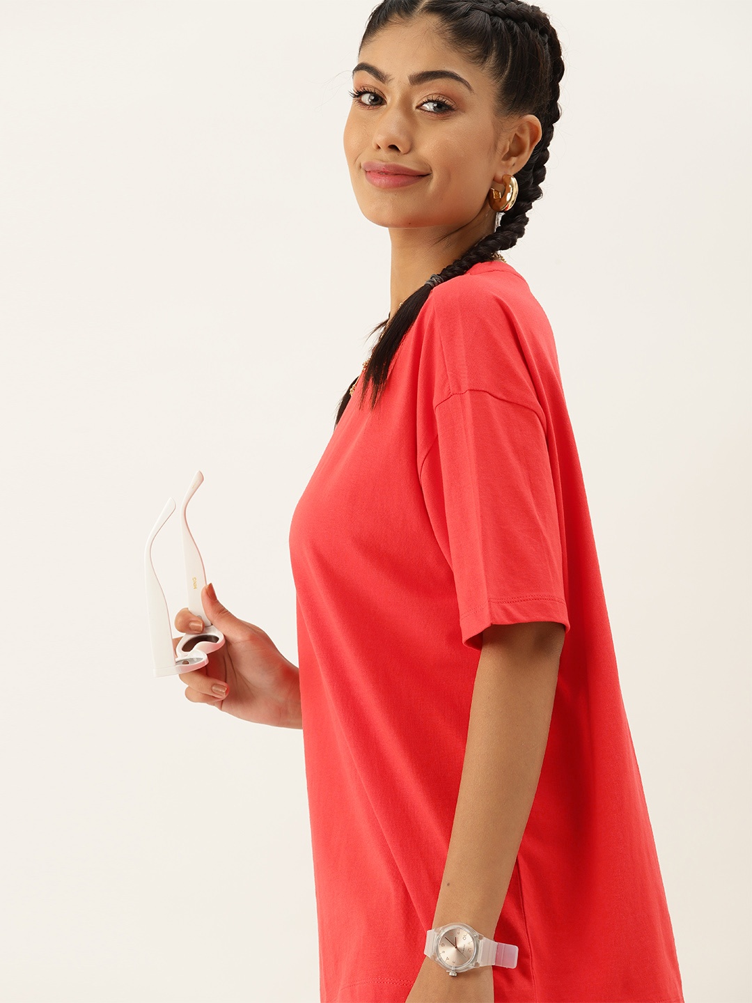 

DressBerry Pure Cotton Drop-Shoulder Longline T-shirt, Red