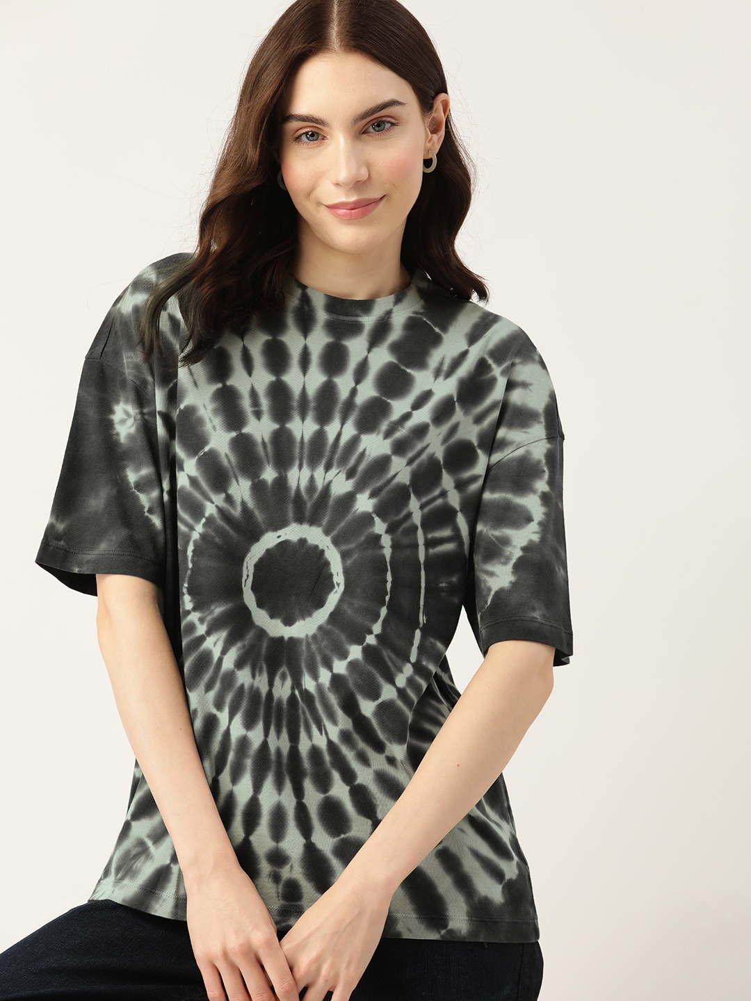 

DressBerry Tie & Dye Drop-Shoulder Sleeves Pure Cotton T-shirt, Black