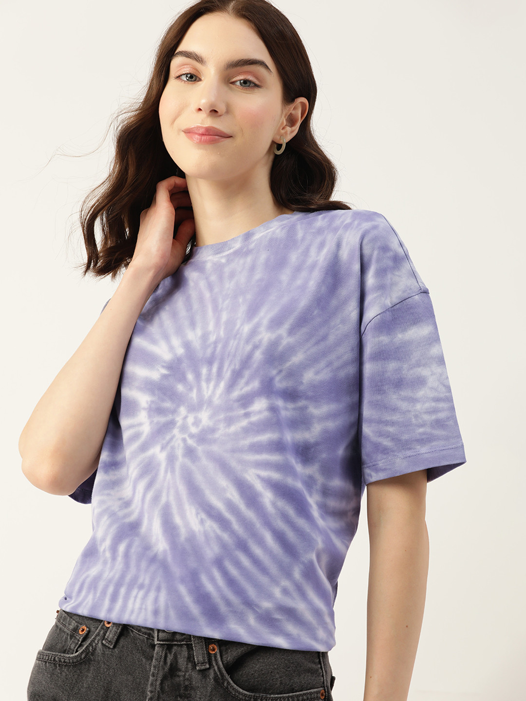 

DressBerry Tie & Dye Drop-Shoulder Sleeves Pure Cotton T-shirt, Lavender