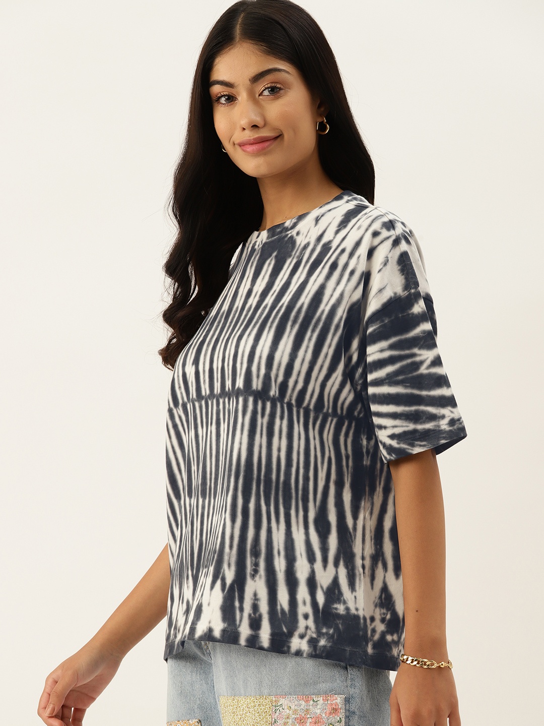 

DressBerry Dyed Drop-Shoulder Sleeves Pure Cotton Relaxed T-shirt, Navy blue