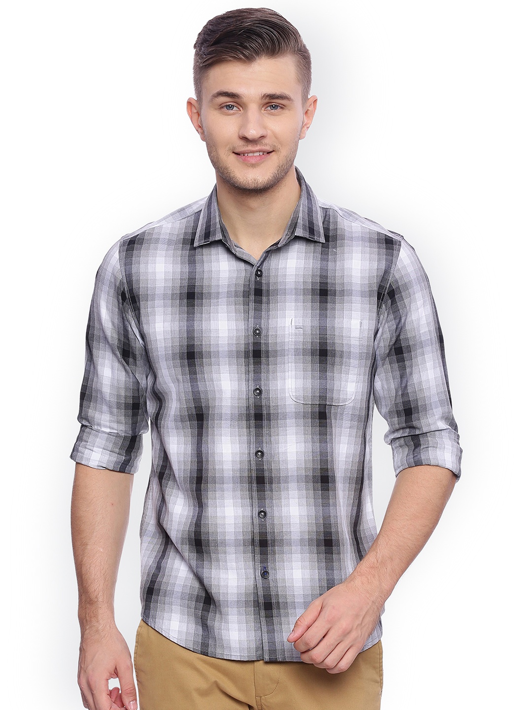 

Basics Men Grey & White Slim Fit Checked Casual Shirt