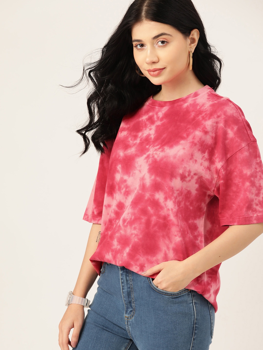 

DressBerry Tie and Dye Pure Cotton Oversized T-shirt, Red