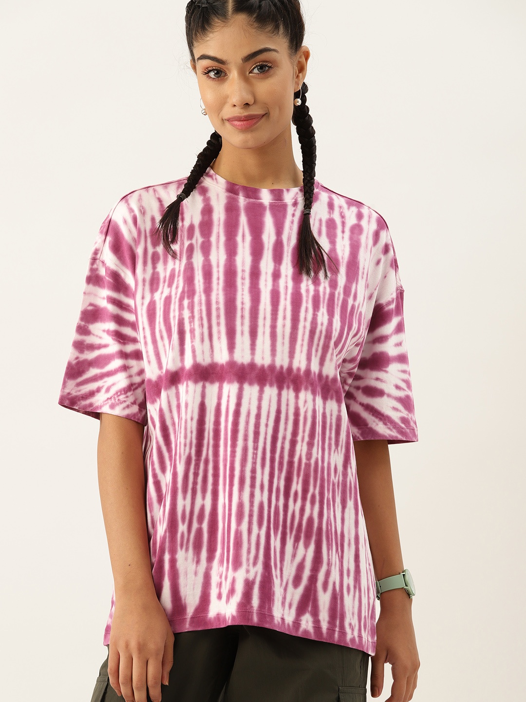 

DressBerry Dyed Drop-Shoulder Sleeves Pure Cotton Oversized T-shirt, Purple