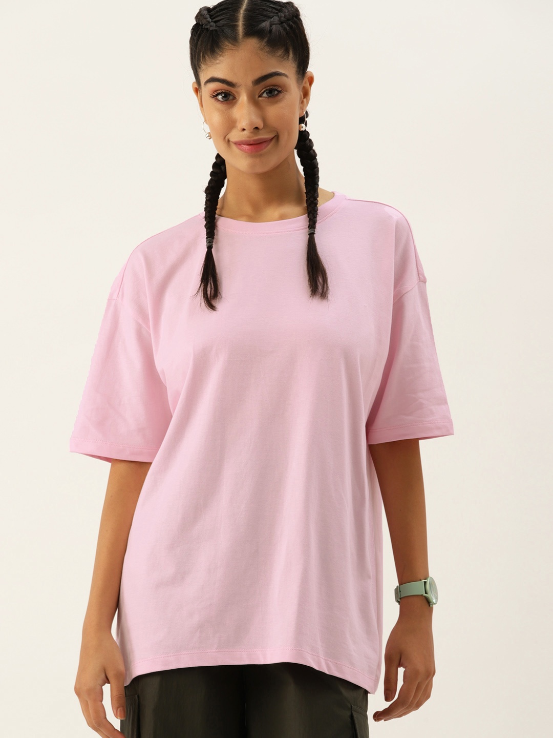 

DressBerry Drop-Shoulder Sleeves Pure Cotton Oversized T-shirt, Pink