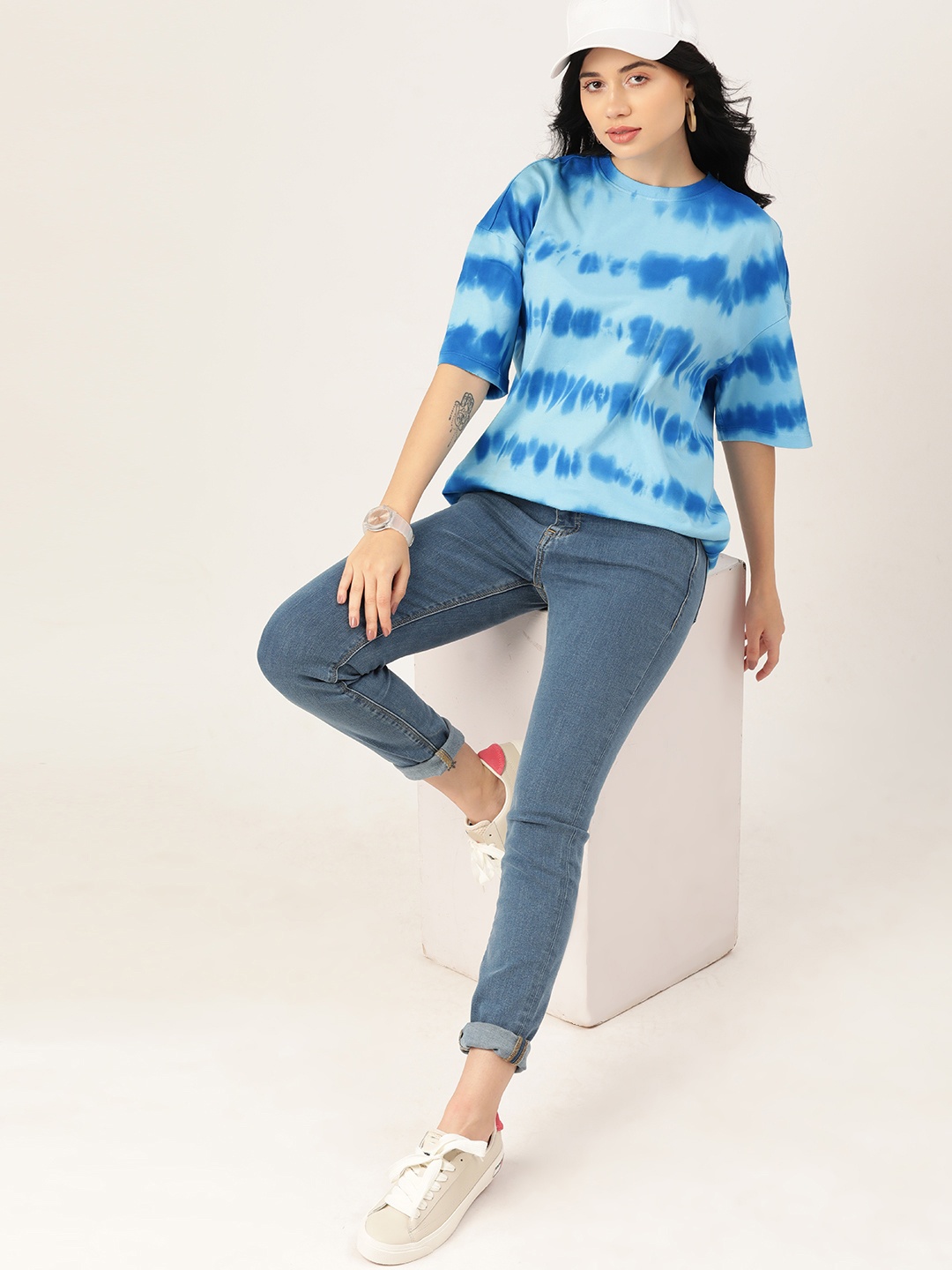 

DressBerry Tie & Dye Dyed Drop-Shoulder Pure Cotton T-shirt, Blue