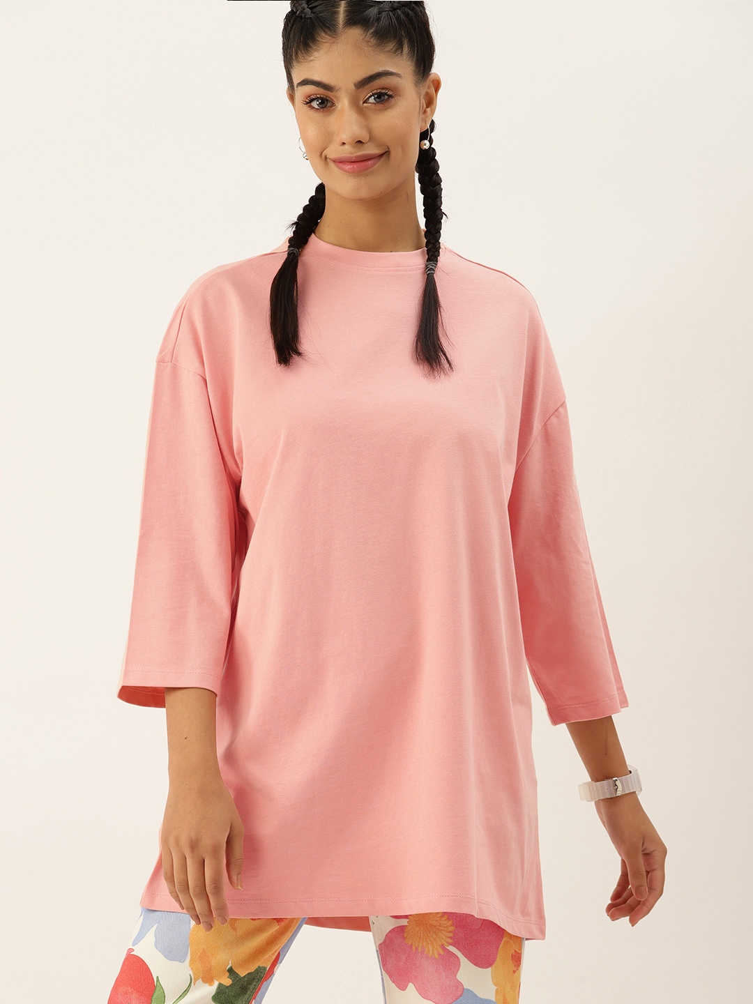 

DressBerry Drop-Shoulder Sleeves Pure Cotton Oversized T-shirt, Pink