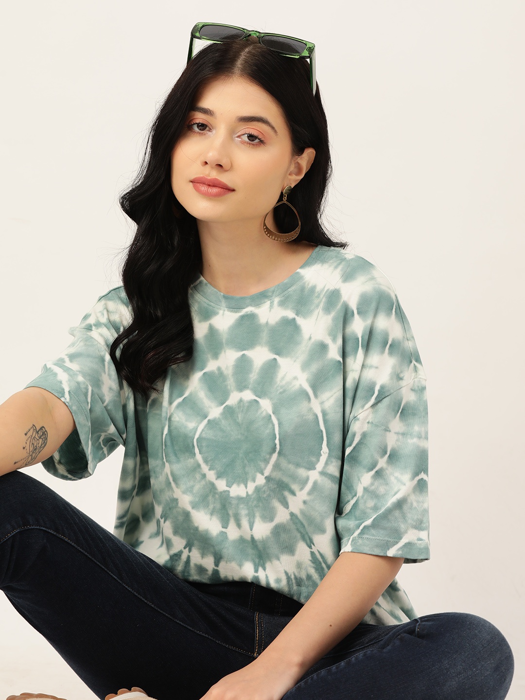 

DressBerry Tie & Dye Dyed Drop-Shoulder Pure Cotton T-shirt, Green