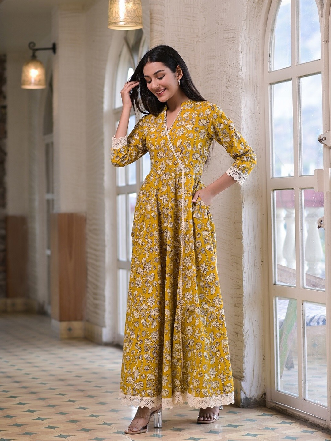 

Hatheli Floral Print Wrap Maxi Dress, Mustard