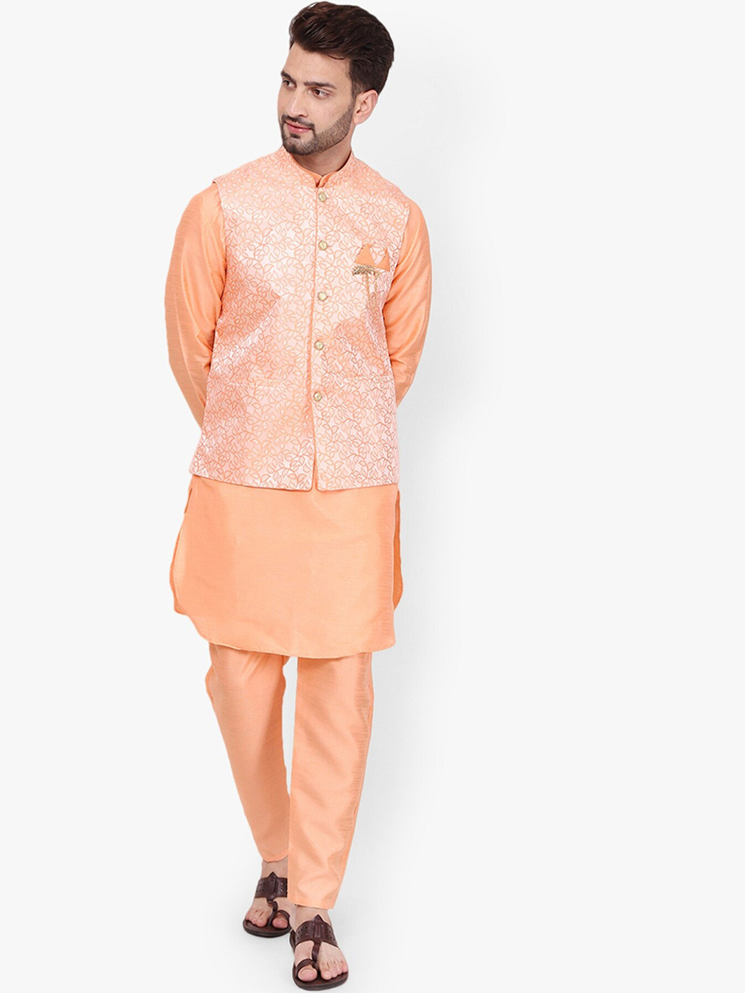 

Pro-Ethic STYLE DEVELOPER Band Collar Pure Silk Kurta With Pyjamas & Nehru Jacket, Orange