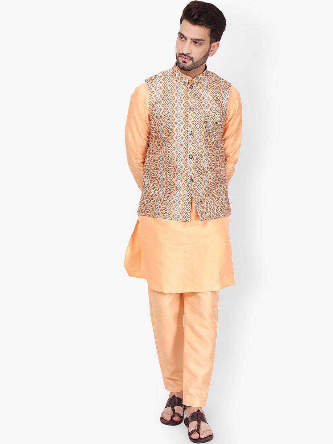 

Pro-Ethic STYLE DEVELOPER Band Collar Pure Silk Kurta With Pyjamas & Nehru Jacket, Gold