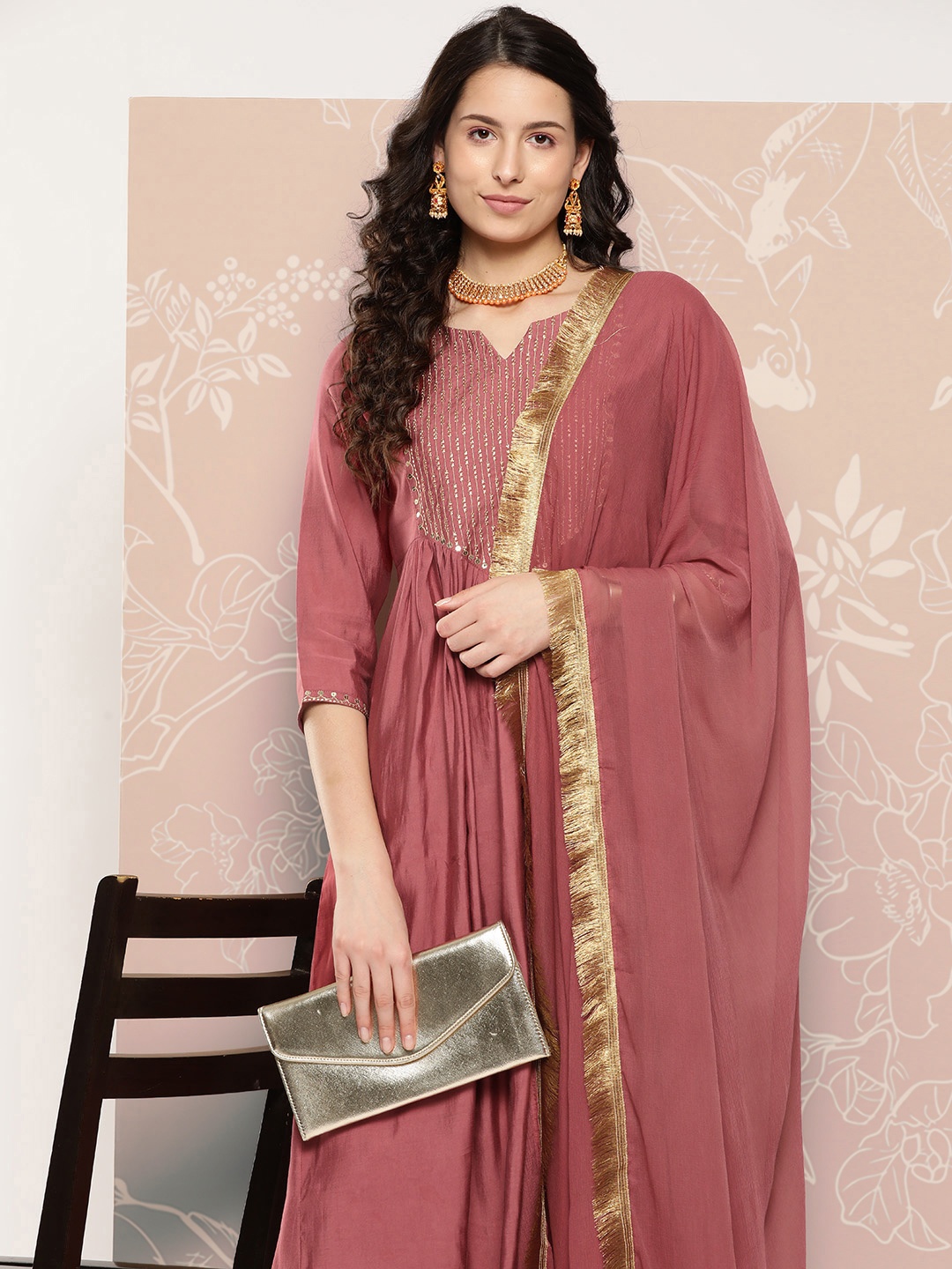 

Varanga Women Embroidered Empire Kurta with Trousers & With Dupatta, Pink