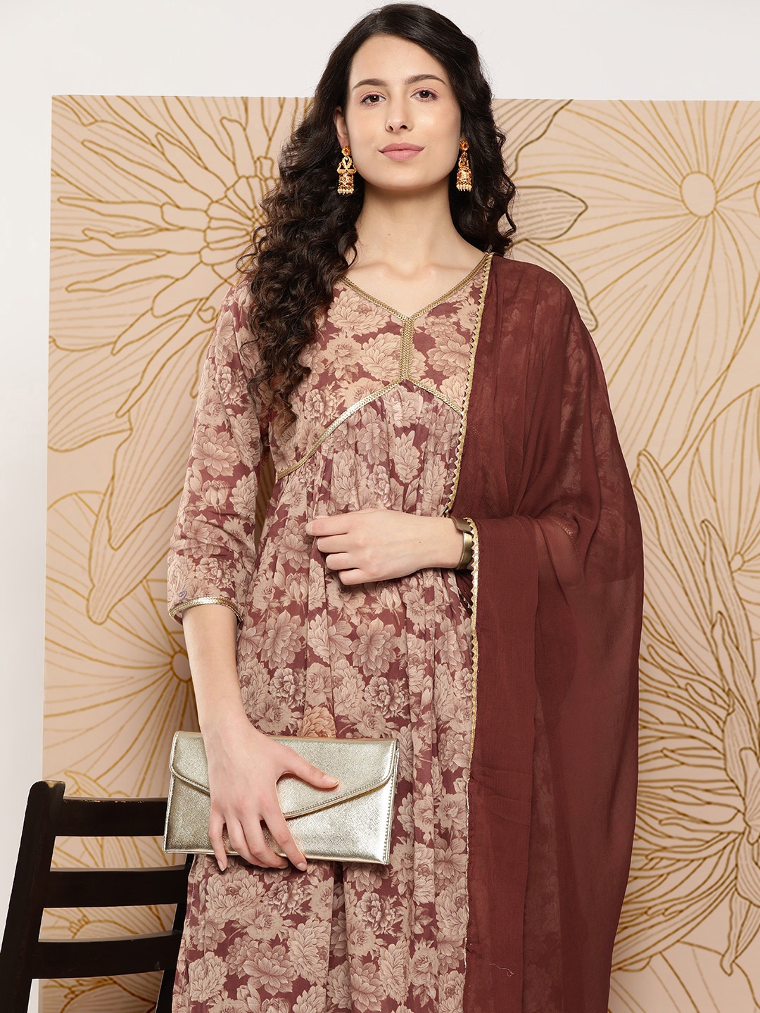 

Varanga Women Floral Printed Sequinned Pure Cotton Kurta with Trousers & With Dupatta, Rust