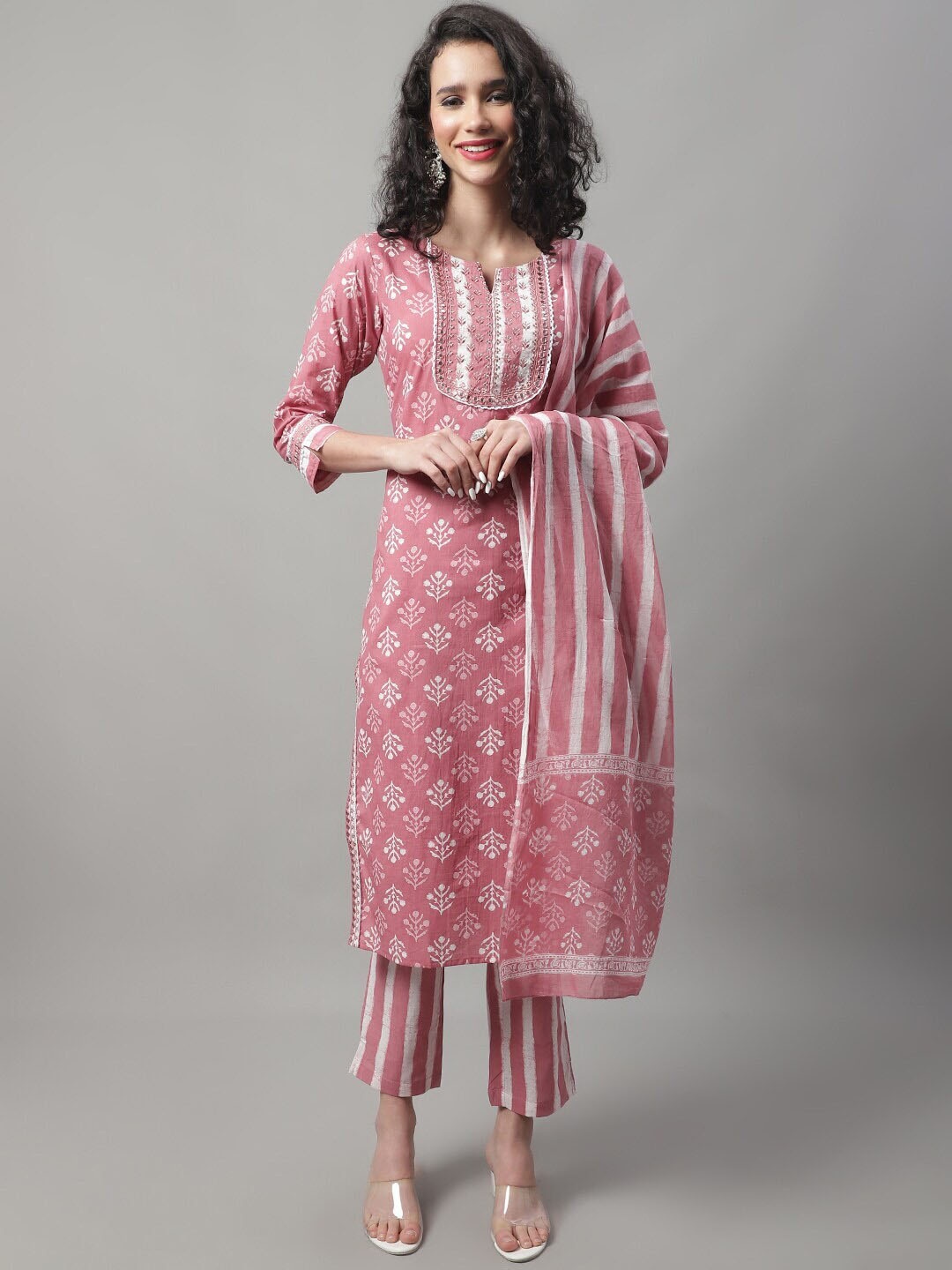

KALINI Floral Embroidered Mirror Work Pure Cotton Kurta with Trousers & Dupatta, Pink