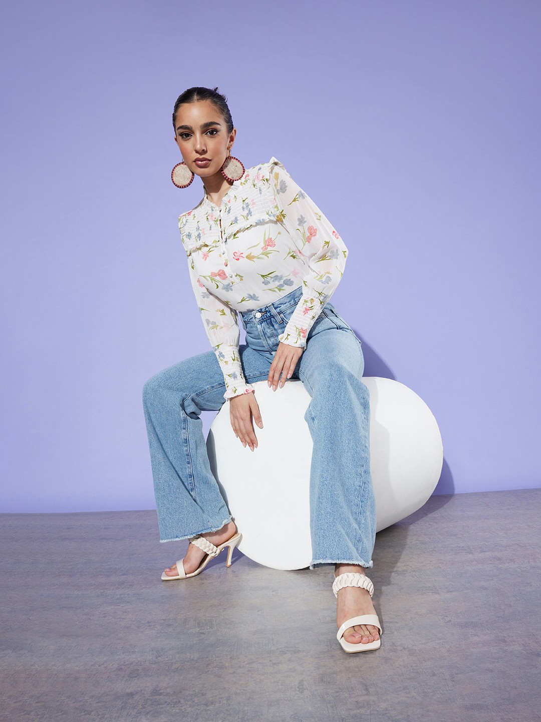 

QUIERO Floral Print Chiffon Top, White