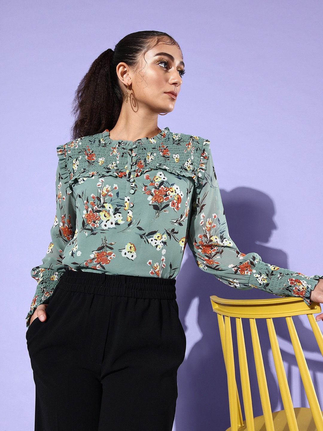 

QUIERO Floral Print Georgette Top, Green