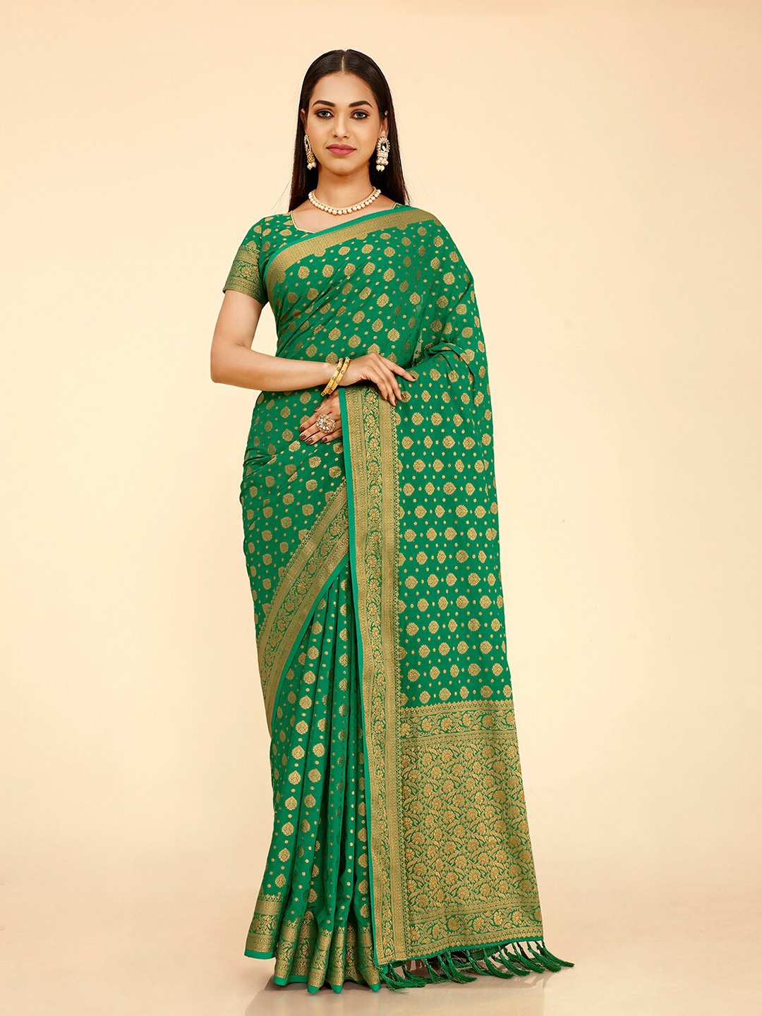 

elora Ethnic Motif Zari Poly Georgette Banarasi Saree With Blouse Piece, Green