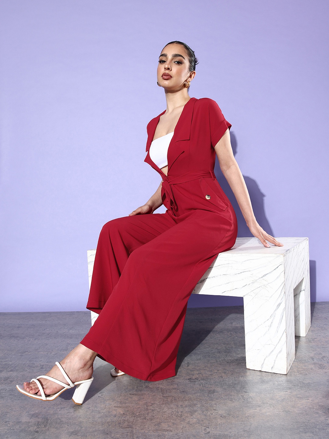 

QUIERO Shawl Neck Basic Jumpsuit, Maroon