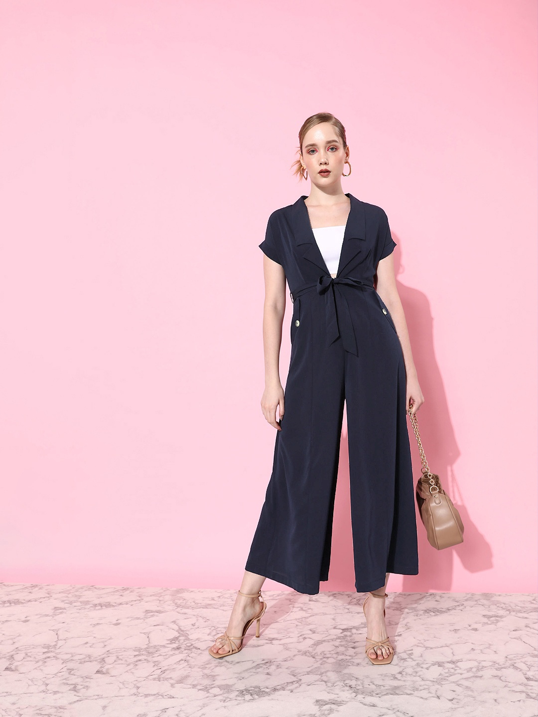 

QUIERO Shawl Neck Basic Jumpsuit, Navy blue
