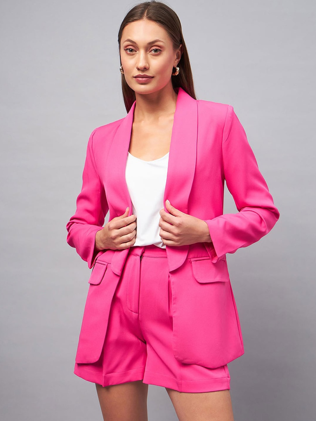 

DELAN Long Sleeves Coat With Shorts Co-Ords, Pink