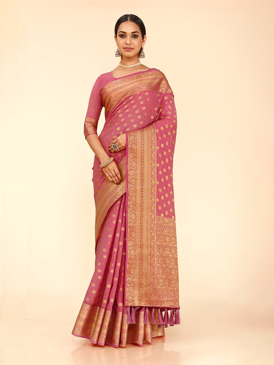 

elora Ethnic Motif Zari Poly Georgette Banarasi Saree With Blouse Piece, Pink