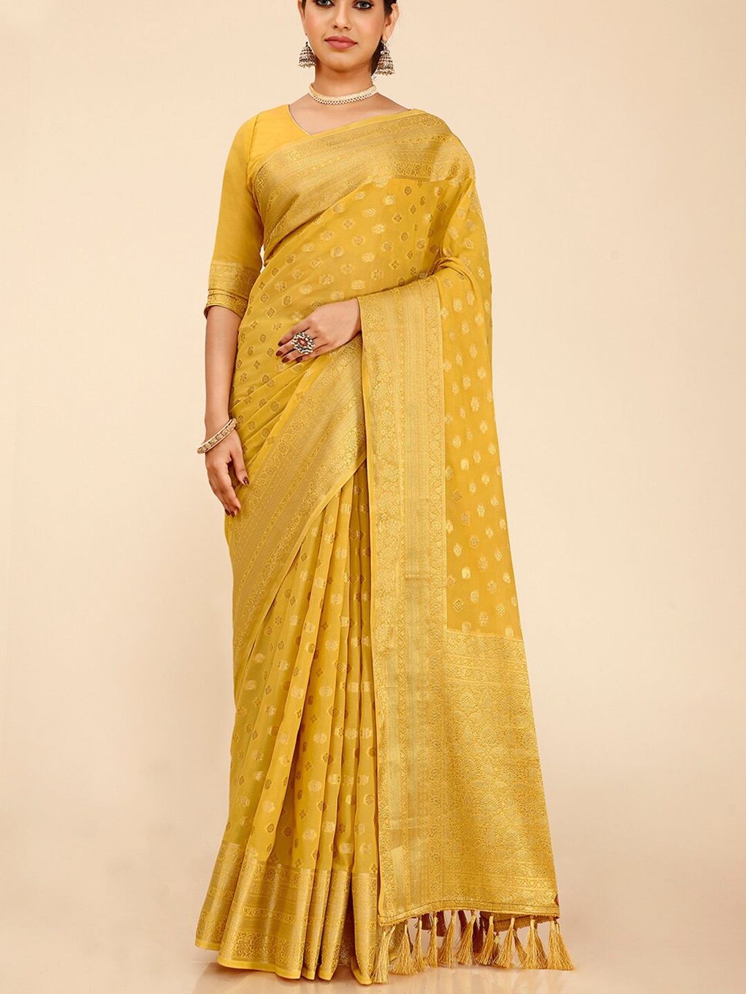 

elora Ethinic Motif Woven Design Zari Banarasi Saree, Yellow