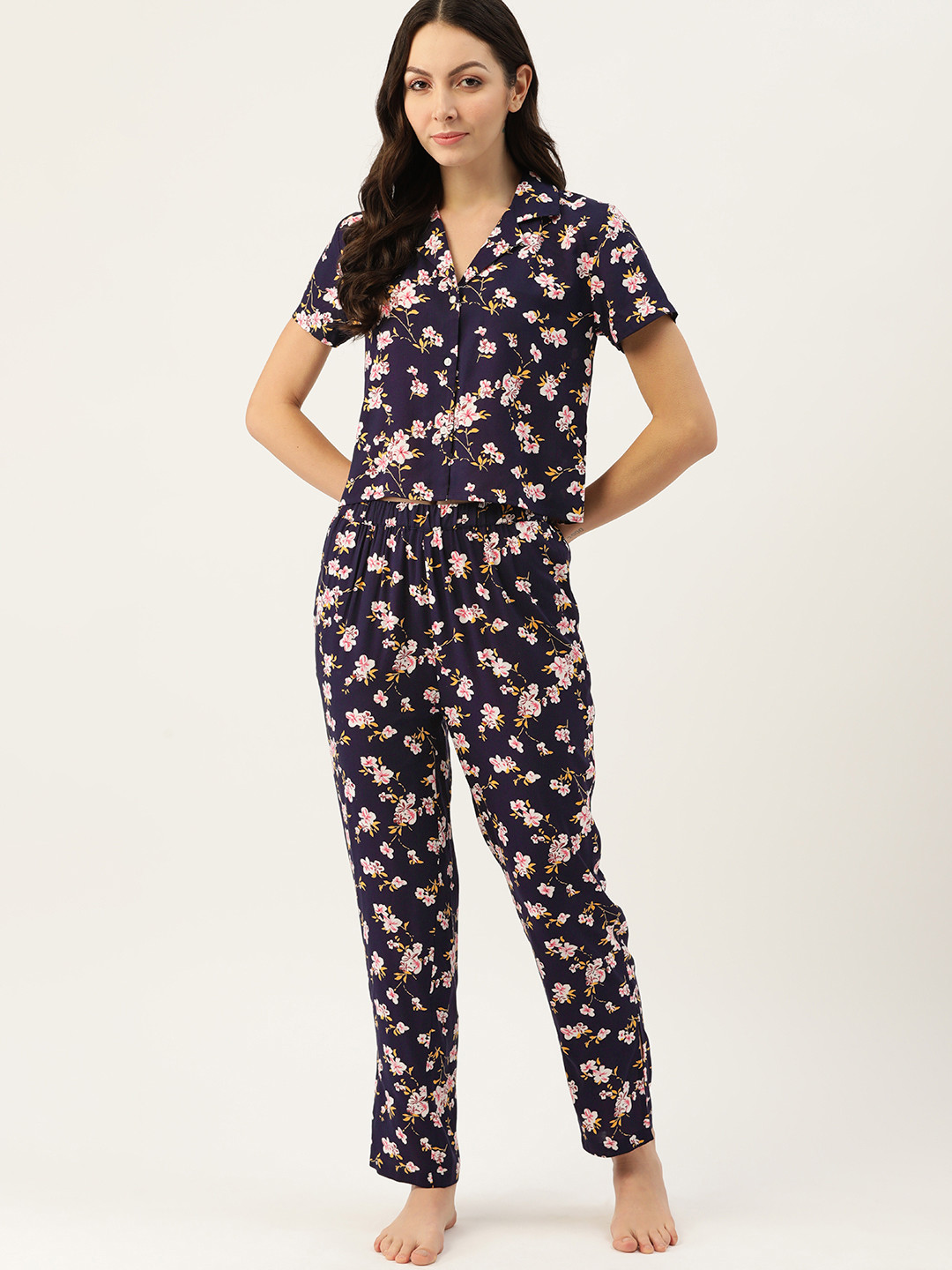 

ETC Floral Printed Night suit, Navy blue