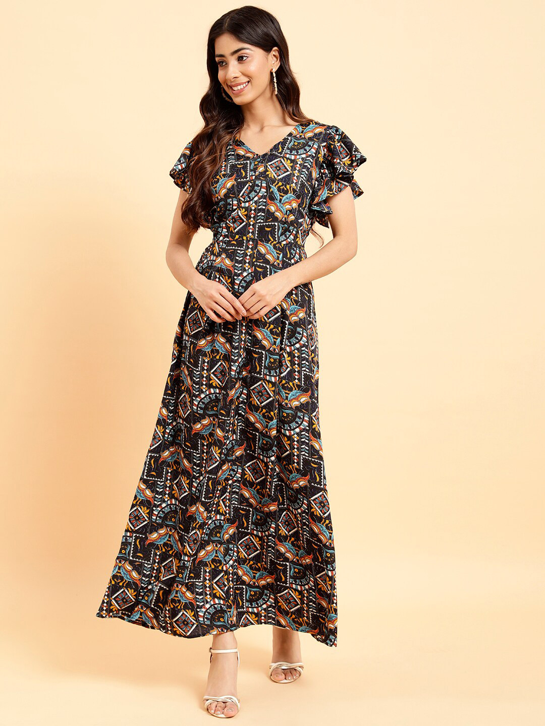 

MINT STREET Ethnic Printed Flutter Sleeves A-Line Maxi Dress, Black