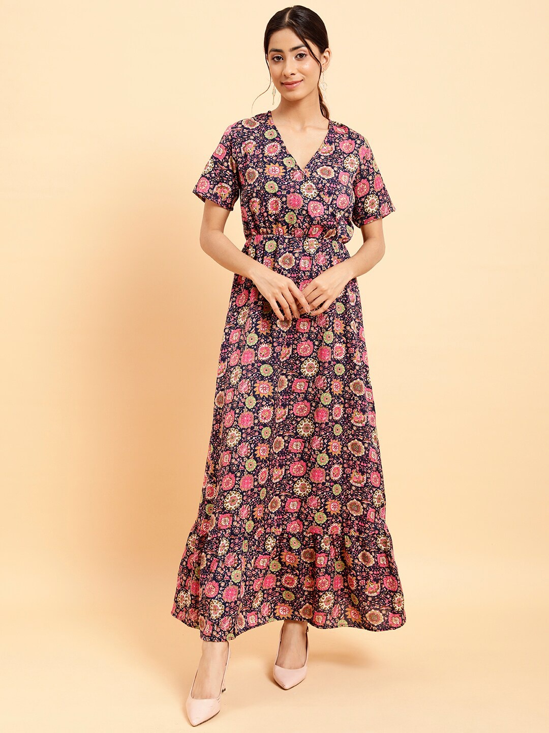 

MINT STREET V-Neck Floral Print Flared Sleeve Crepe Maxi Dress, Brown