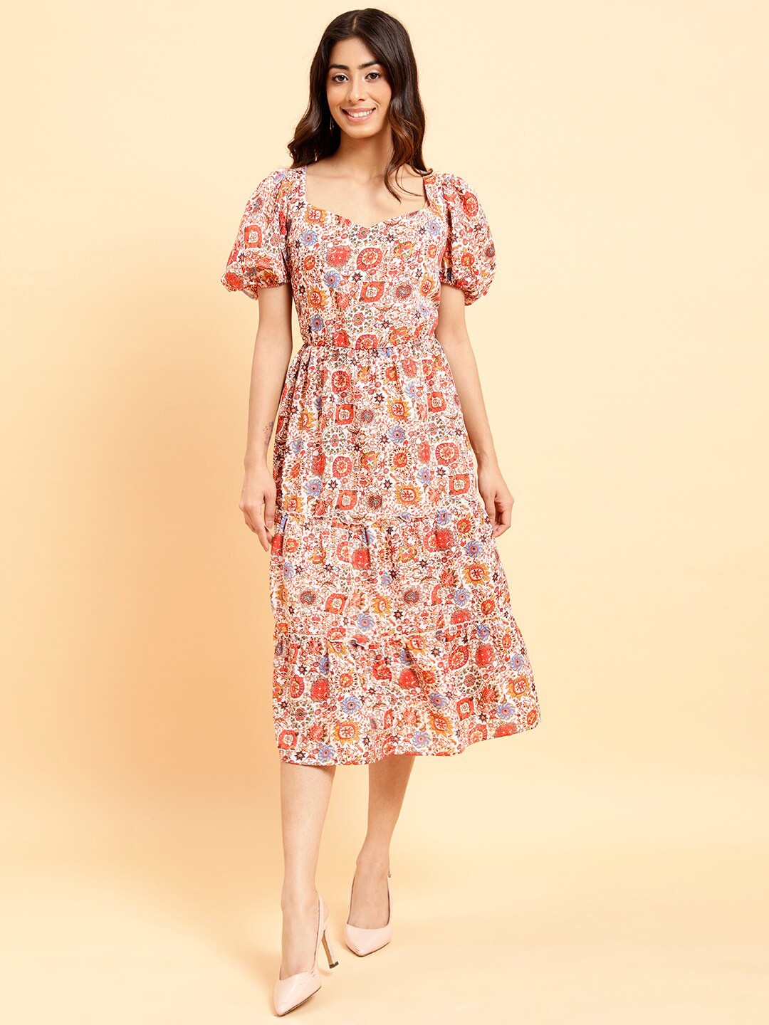 

MINT STREET Floral Printed Puff Sleeves Fit & Flare Midi Dress, White